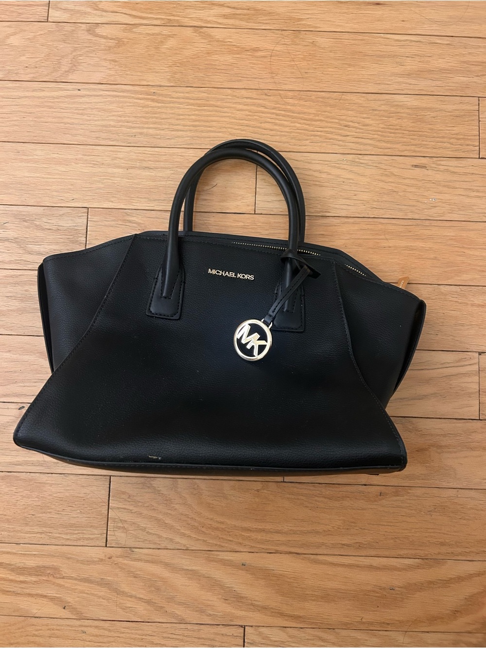 Michael Kors Black Pebbled Leather Satchel with Gold MK Charm